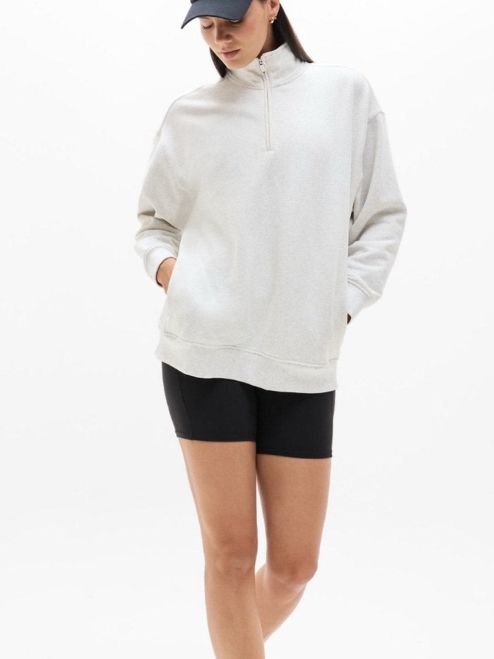 Athleta Forever Fleece 1/4 Zip Light Fog Grey Pullover Sweatshirt Size Large